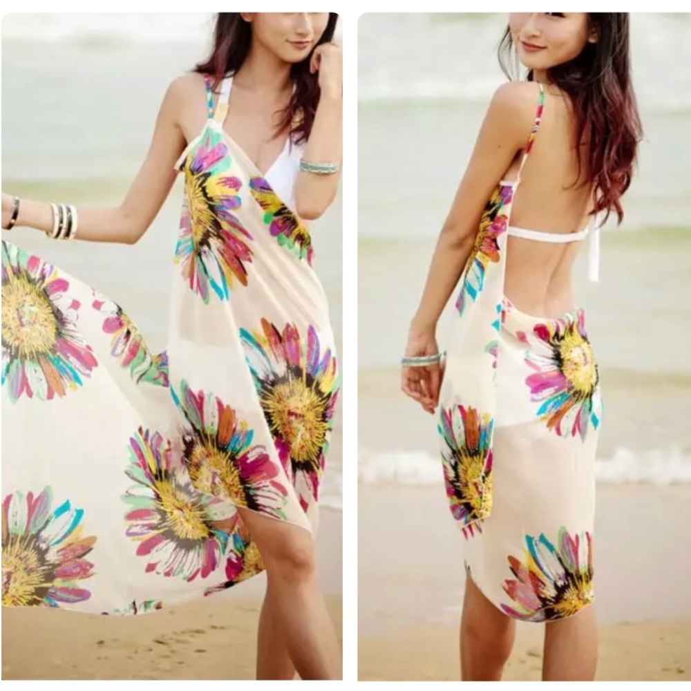 White Chiffon Floral Sarong Wrap Swim Coverup - Picture 4 of 4